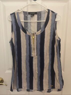 Ellen Tracy Navy, Light Blue & Cream Striped Zip-Front Tank